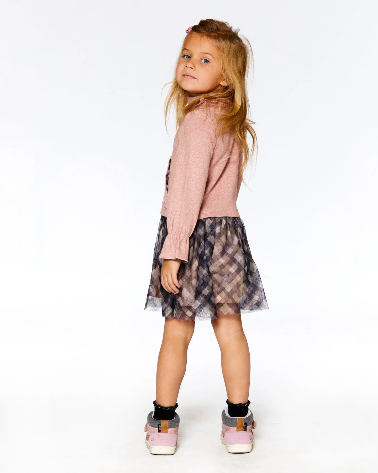 Bi-material Mock Neck Dress With Long Puffy Sleeves Pink Stylish Plaid