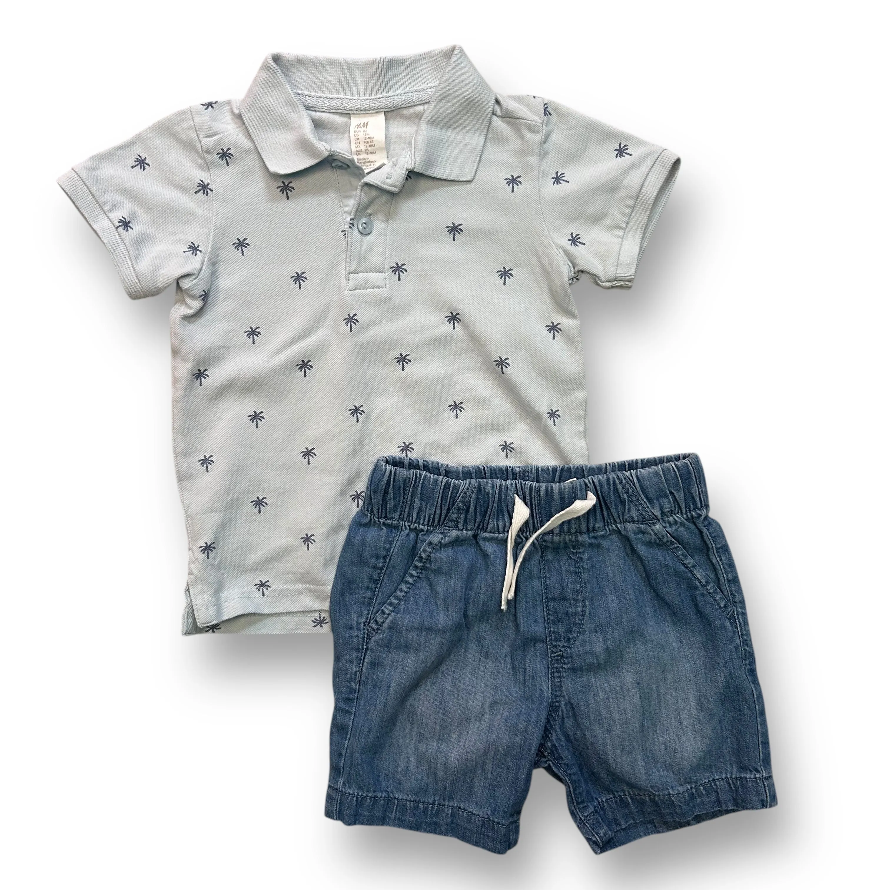 Boys H&M Size 18 Months Baby Blue Polo and Denim Shorts Outfit