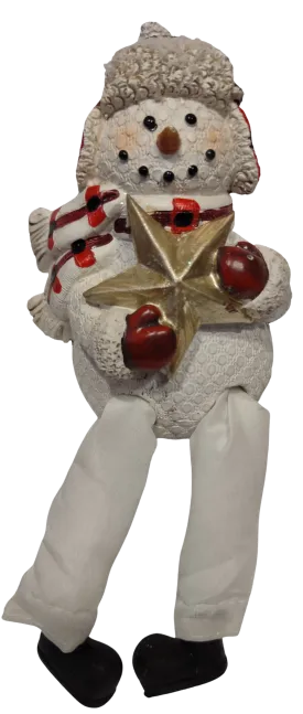Bright Plaid Snowman Shelf Sitter Holding Gold Star 7" Resin