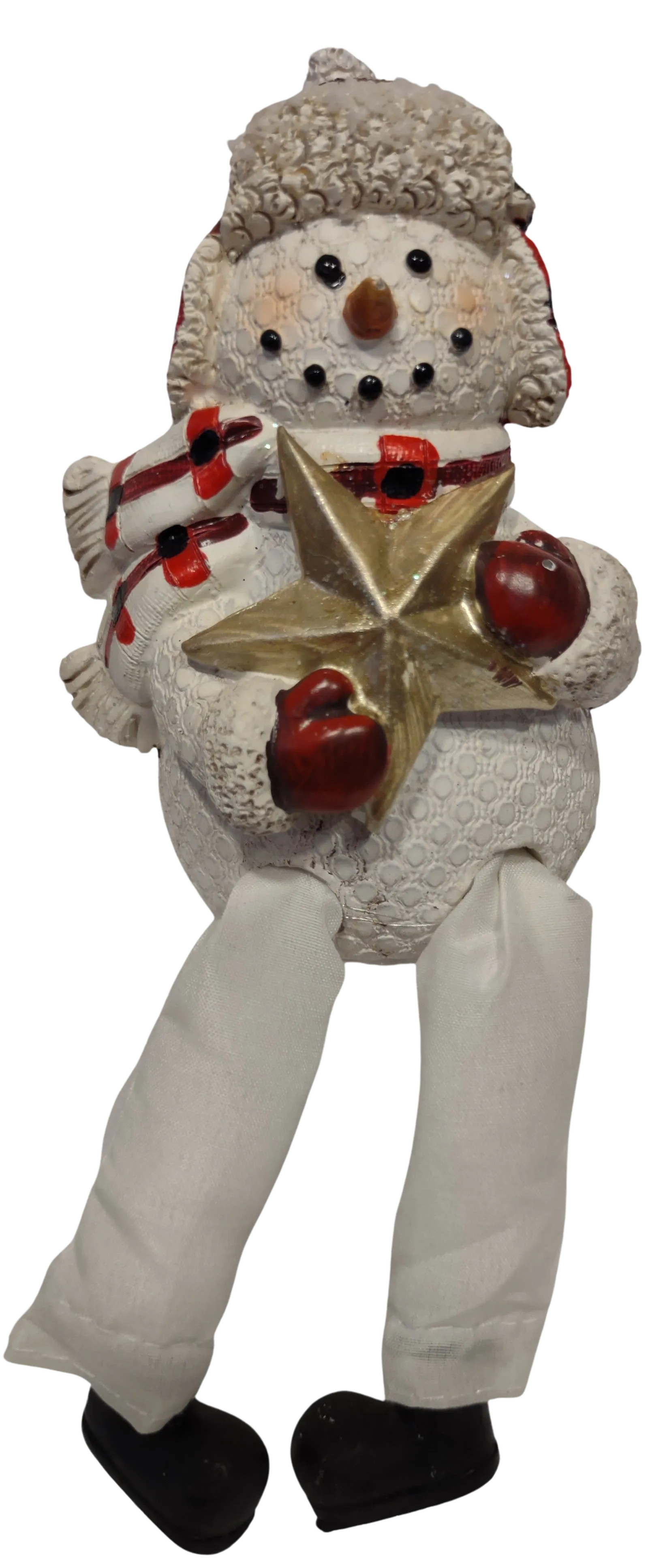 Bright Plaid Snowman Shelf Sitter Holding Gold Star 7" Resin