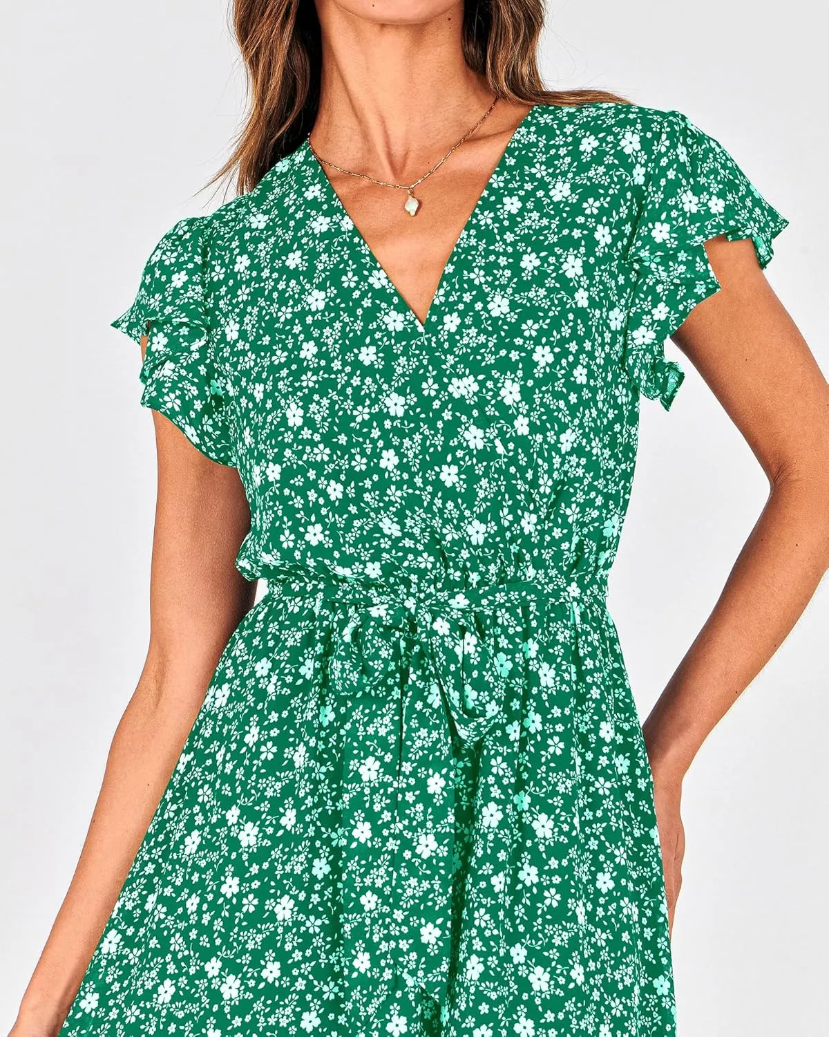 BTFBM Women Summer Bohemian Floral Casual Wrap V Neck Ruffle Cap Sleeveless Belt A-Line Pleated Hem Midi Sun Dress White