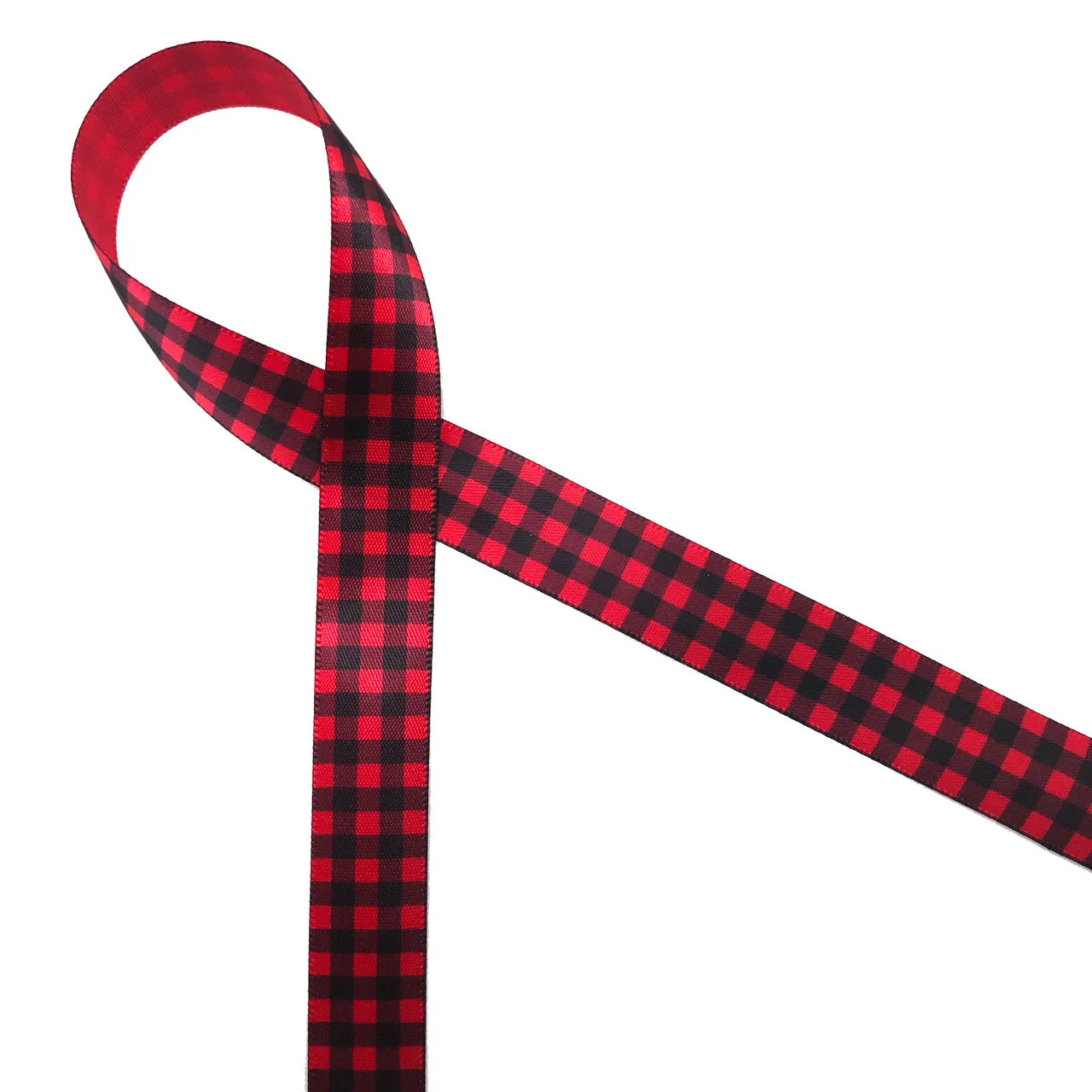 Buffalo Plaid Ribbon in Black and Red on 5/8" 7/8" and 1.5" printed on Red Single Face Satin