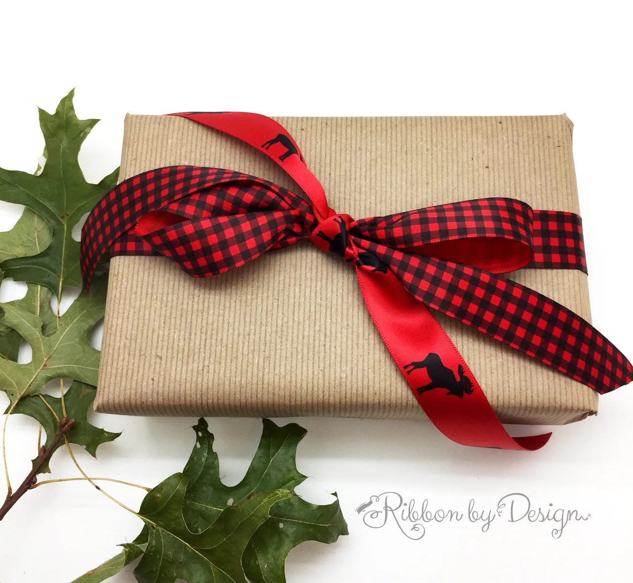 Buffalo Plaid Ribbon in Black and Red on 5/8" 7/8" and 1.5" printed on Red Single Face Satin