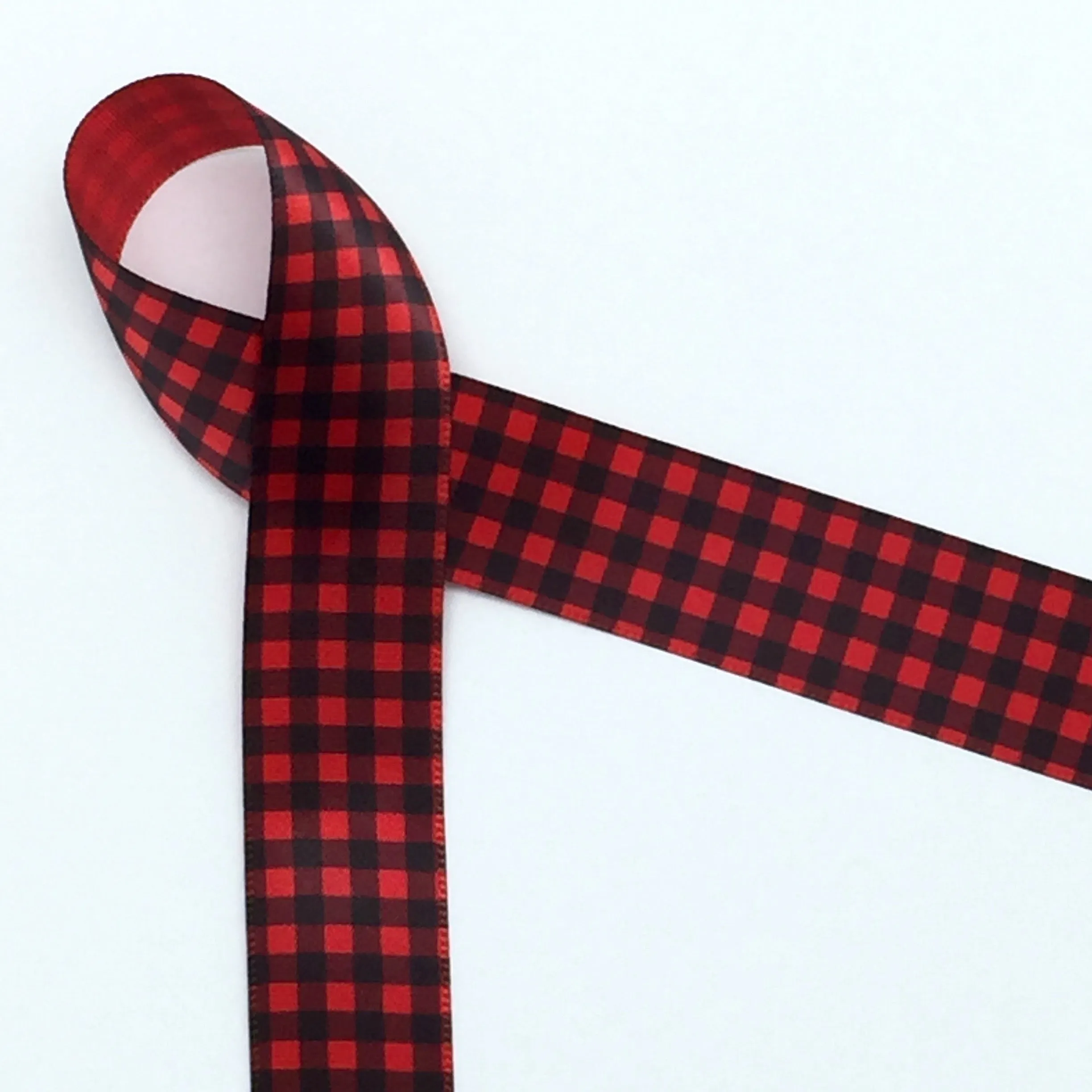 Buffalo Plaid Ribbon in Black and Red on 5/8" 7/8" and 1.5" printed on Red Single Face Satin