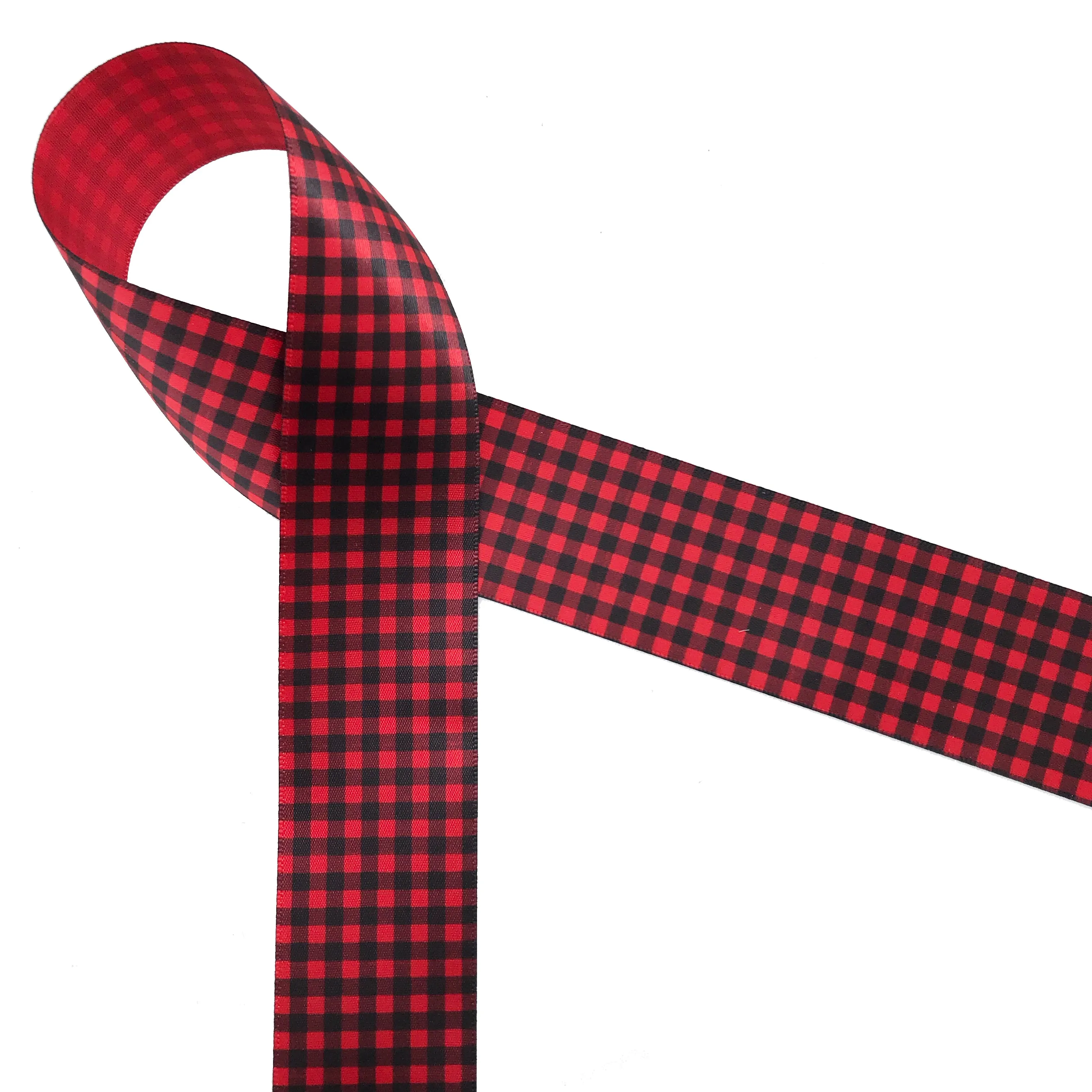 Buffalo Plaid Ribbon in Black and Red on 5/8" 7/8" and 1.5" printed on Red Single Face Satin