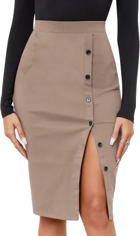 Byinns Women's 2025 High Waist Pencil Skirt Button Slit Work Skirts Plaid Business Bodycon Midi Skirt Knee Length