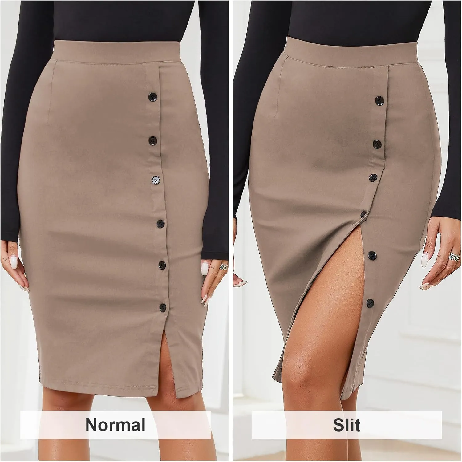 Byinns Women's 2025 High Waist Pencil Skirt Button Slit Work Skirts Plaid Business Bodycon Midi Skirt Knee Length