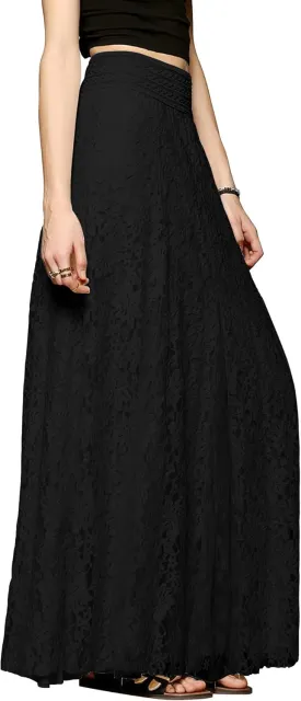 CHARTOU Womens Elegant Floral Lace Elastic High Waist Pleated Maxi Long Beach Skirts