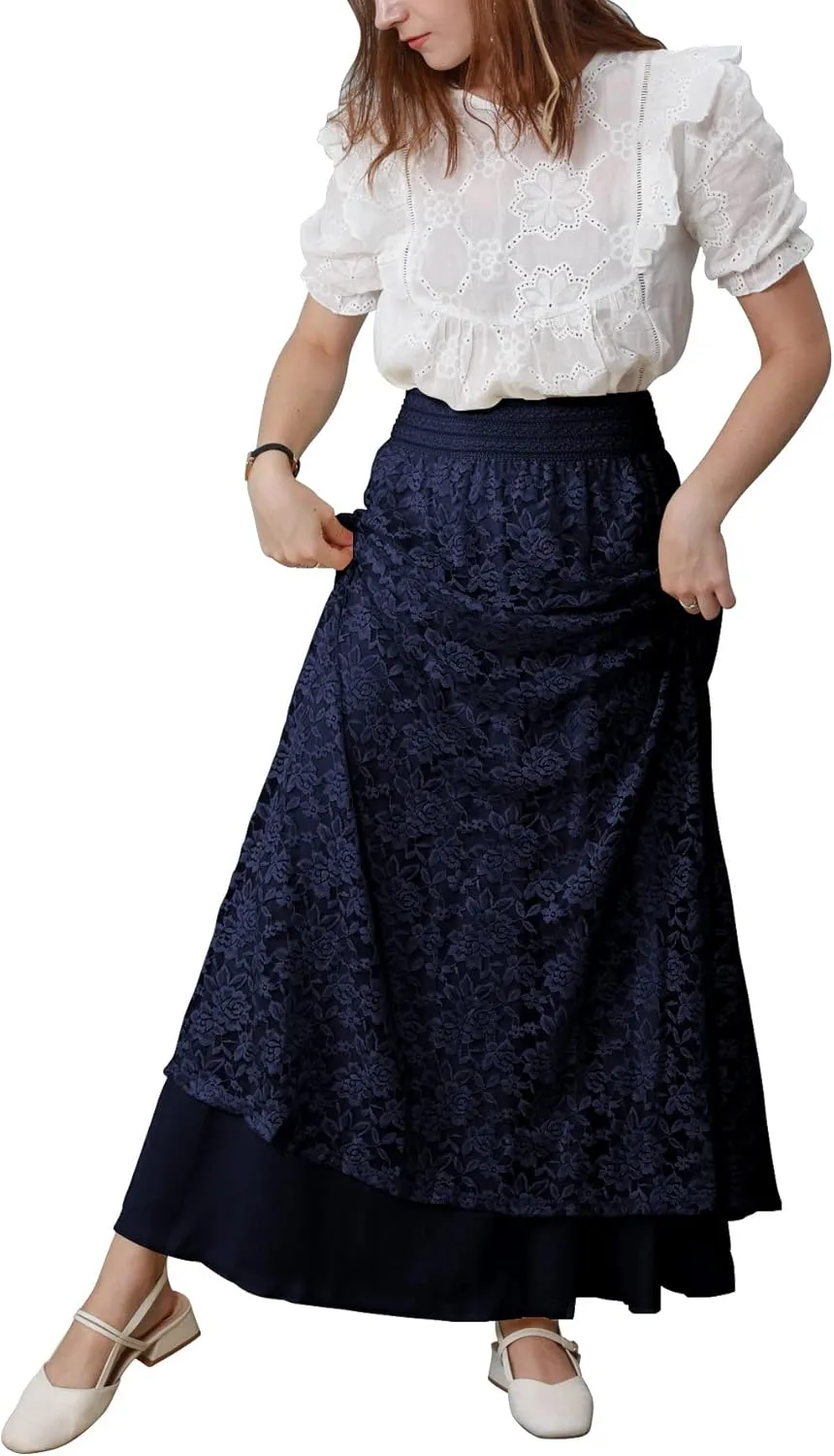 CHARTOU Womens Elegant Floral Lace Elastic High Waist Pleated Maxi Long Beach Skirts