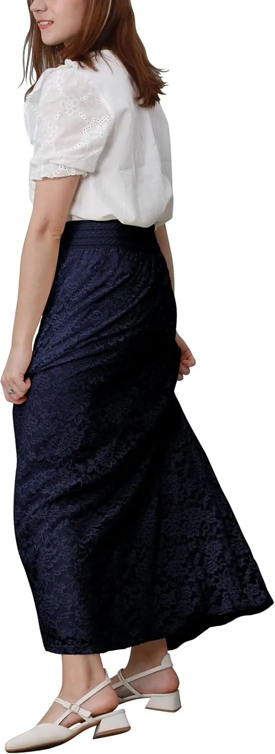 CHARTOU Womens Elegant Floral Lace Elastic High Waist Pleated Maxi Long Beach Skirts