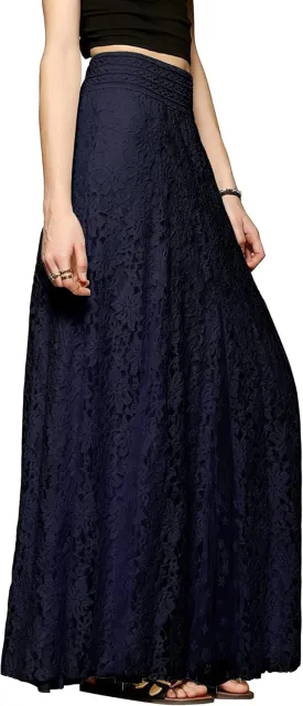 CHARTOU Womens Elegant Floral Lace Elastic High Waist Pleated Maxi Long Beach Skirts