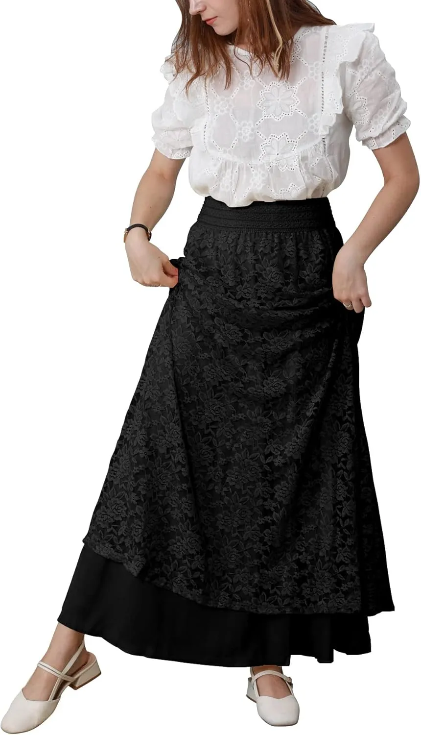CHARTOU Womens Elegant Floral Lace Elastic High Waist Pleated Maxi Long Beach Skirts