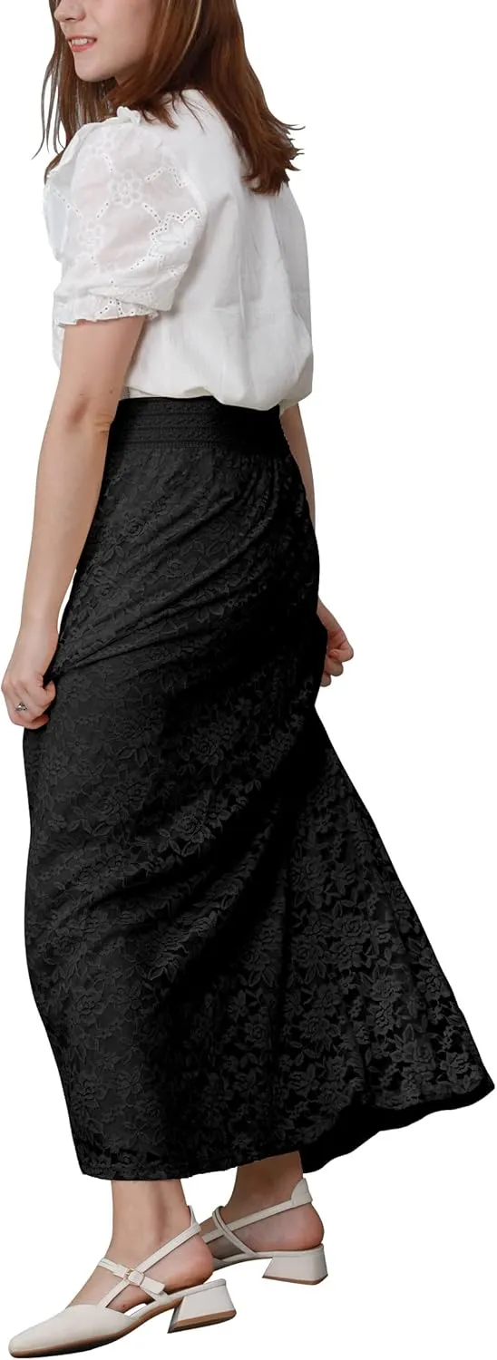 CHARTOU Womens Elegant Floral Lace Elastic High Waist Pleated Maxi Long Beach Skirts