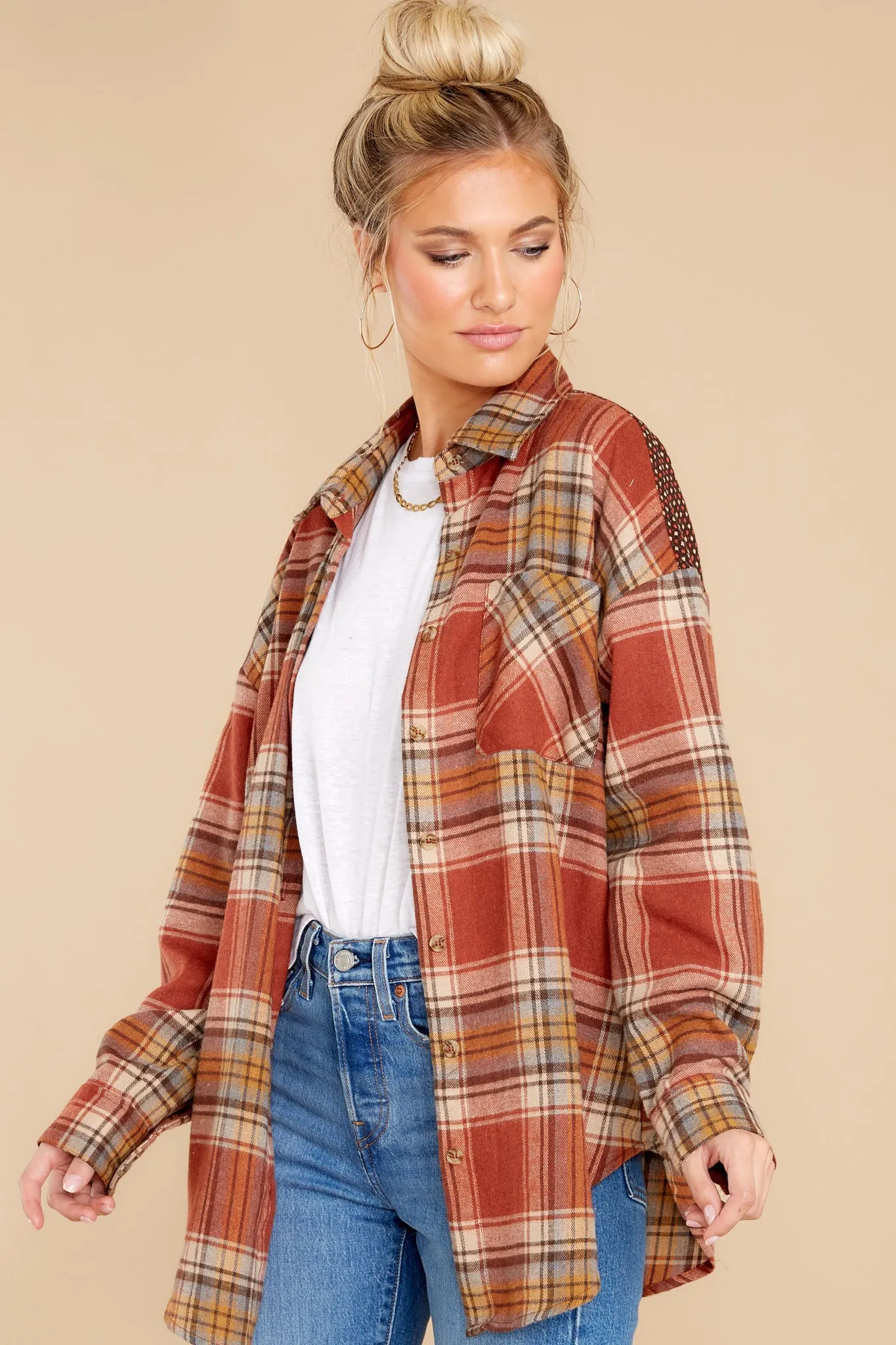Cheerful Times Rust Multi Plaid Top