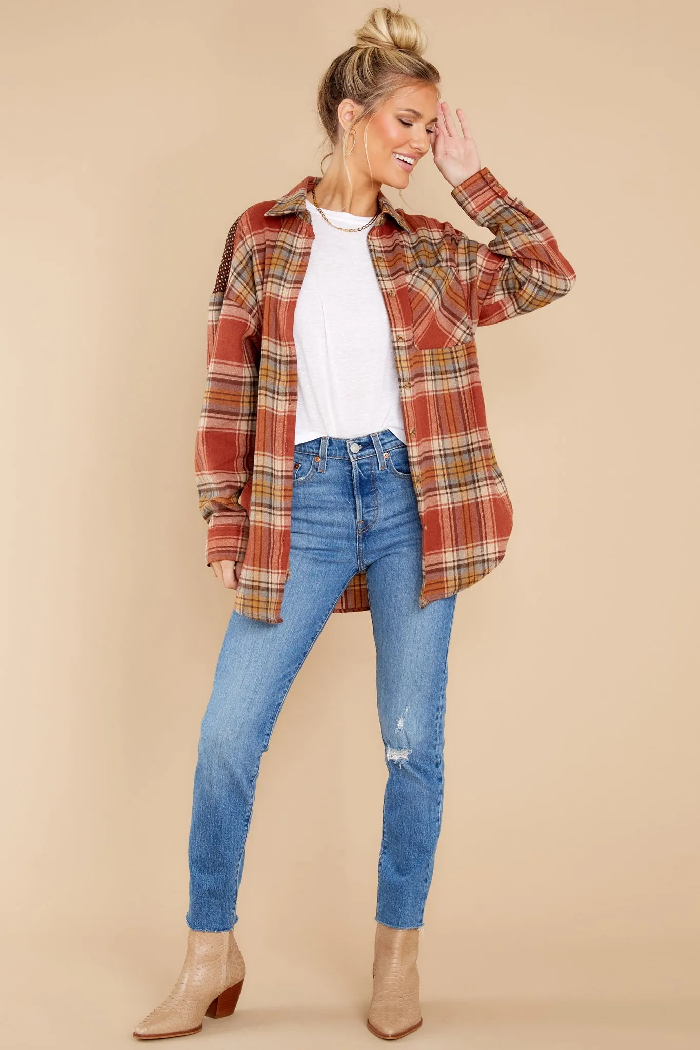 Cheerful Times Rust Multi Plaid Top