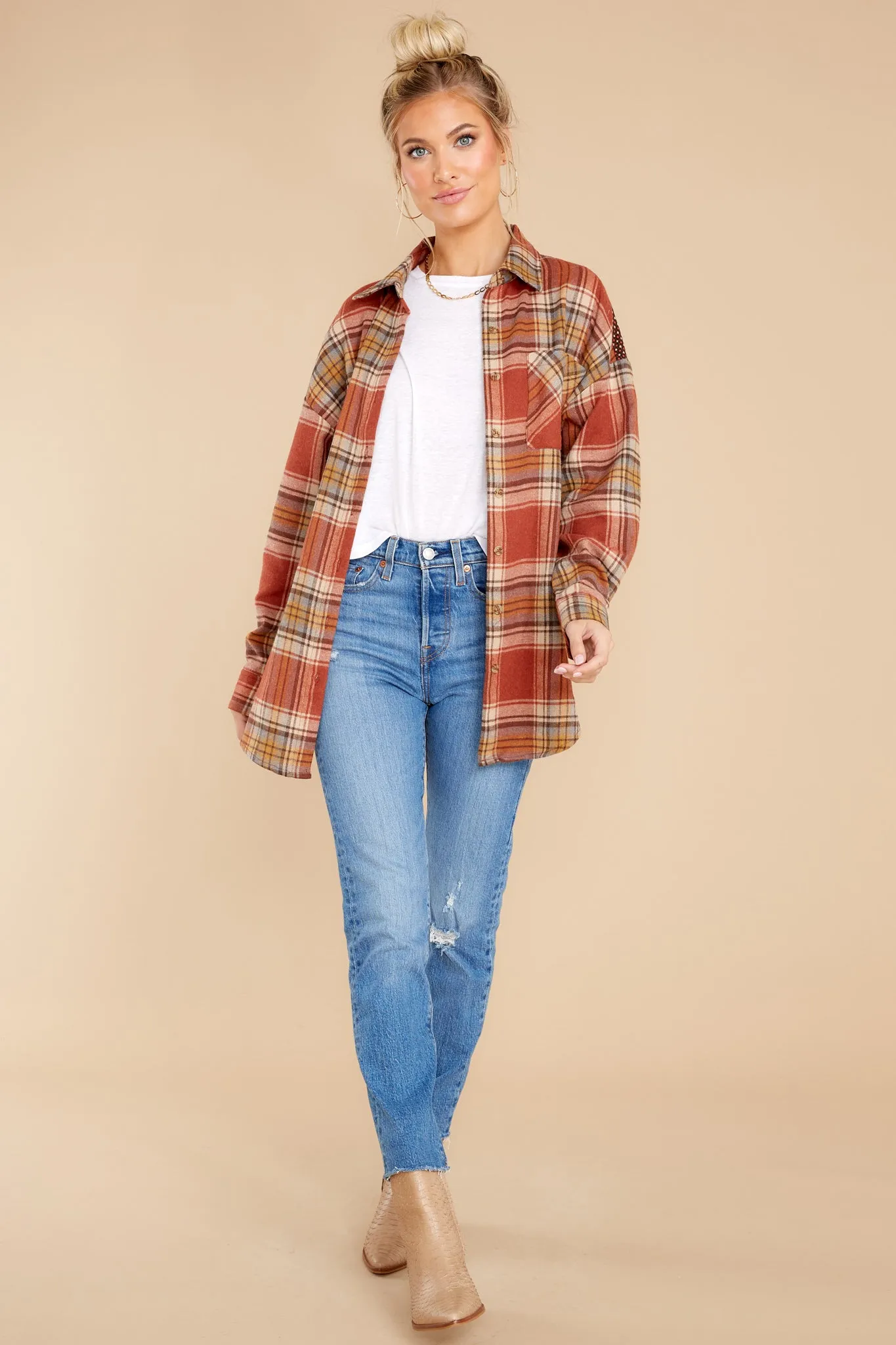 Cheerful Times Rust Multi Plaid Top