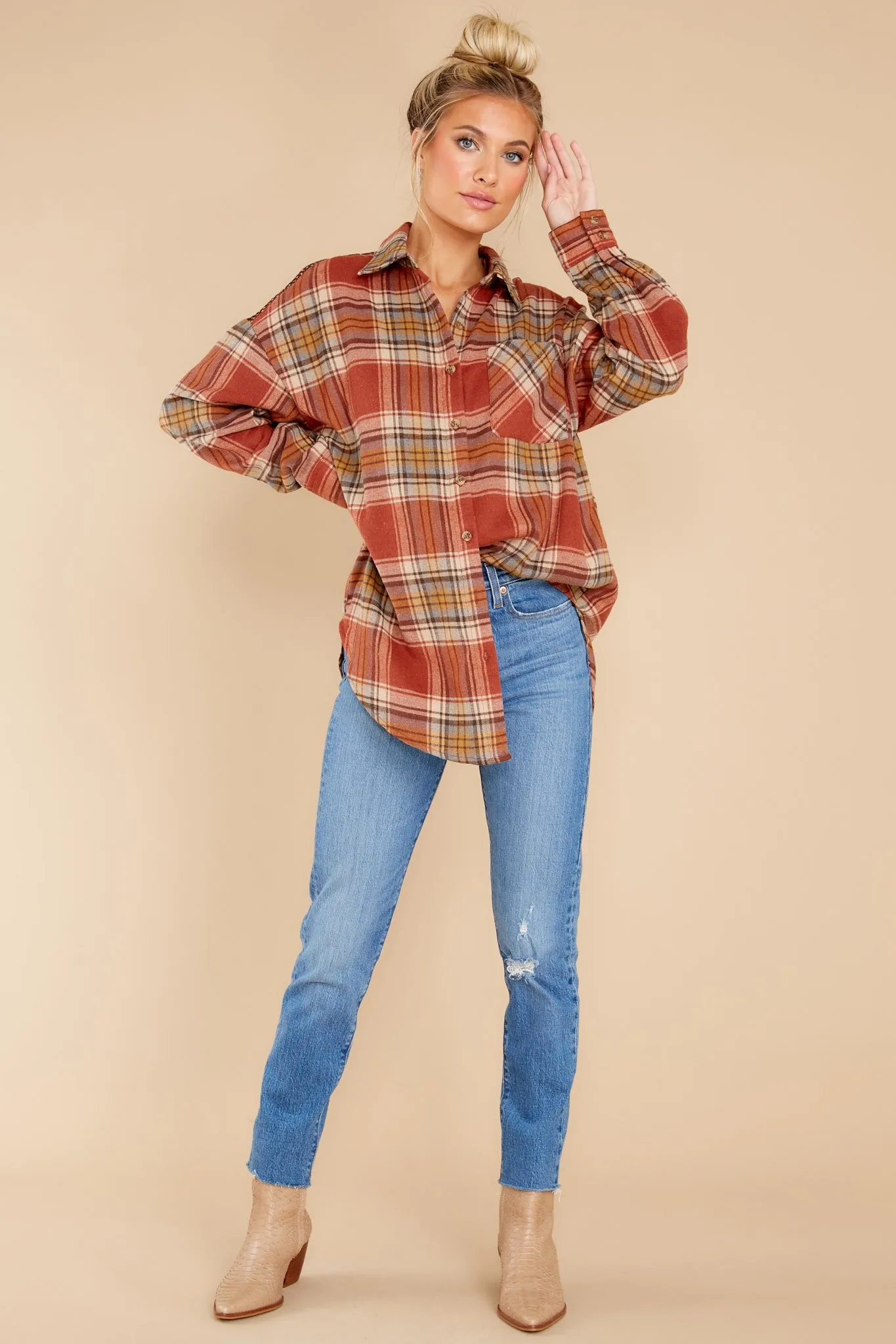 Cheerful Times Rust Multi Plaid Top