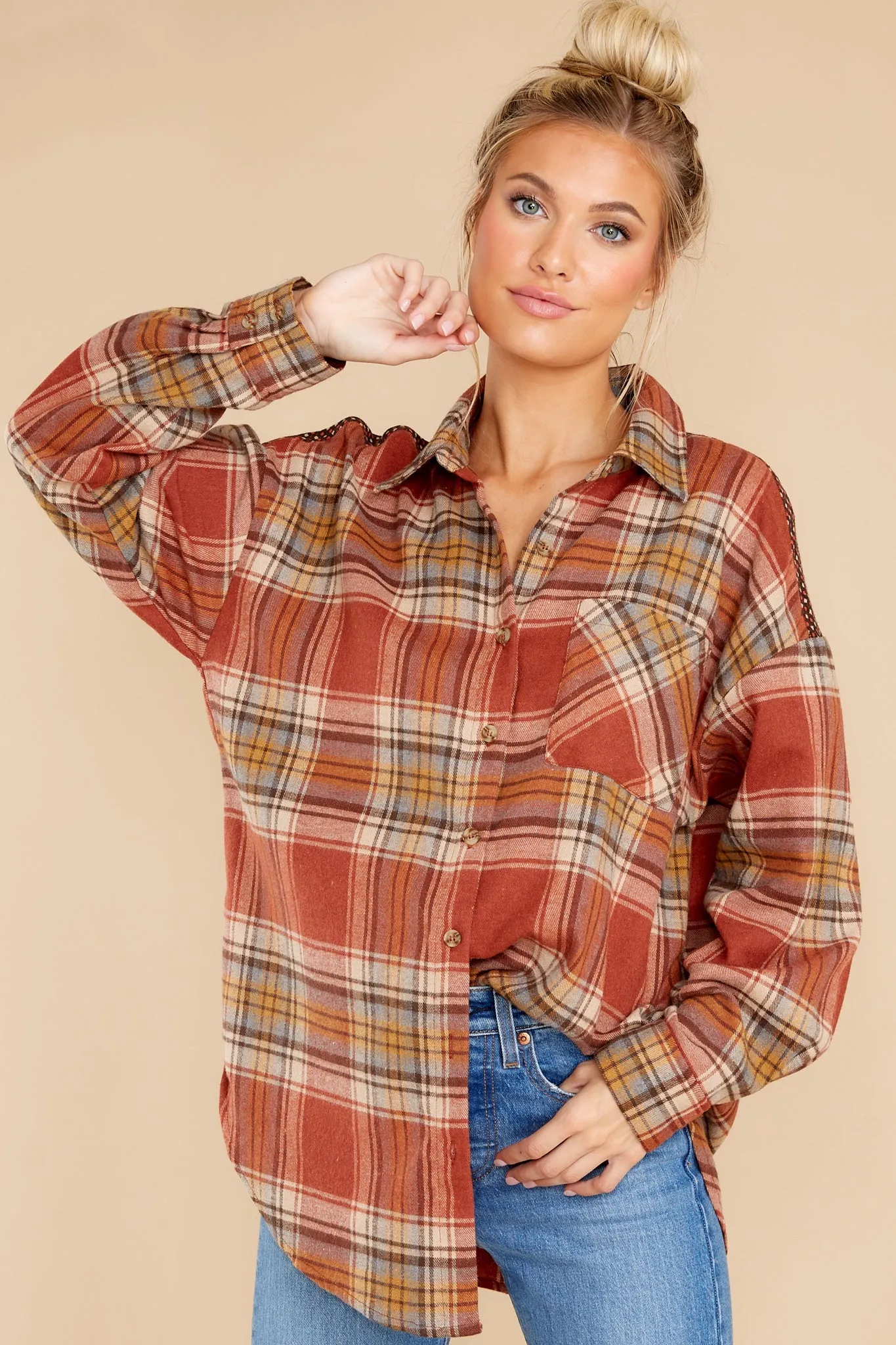 Cheerful Times Rust Multi Plaid Top