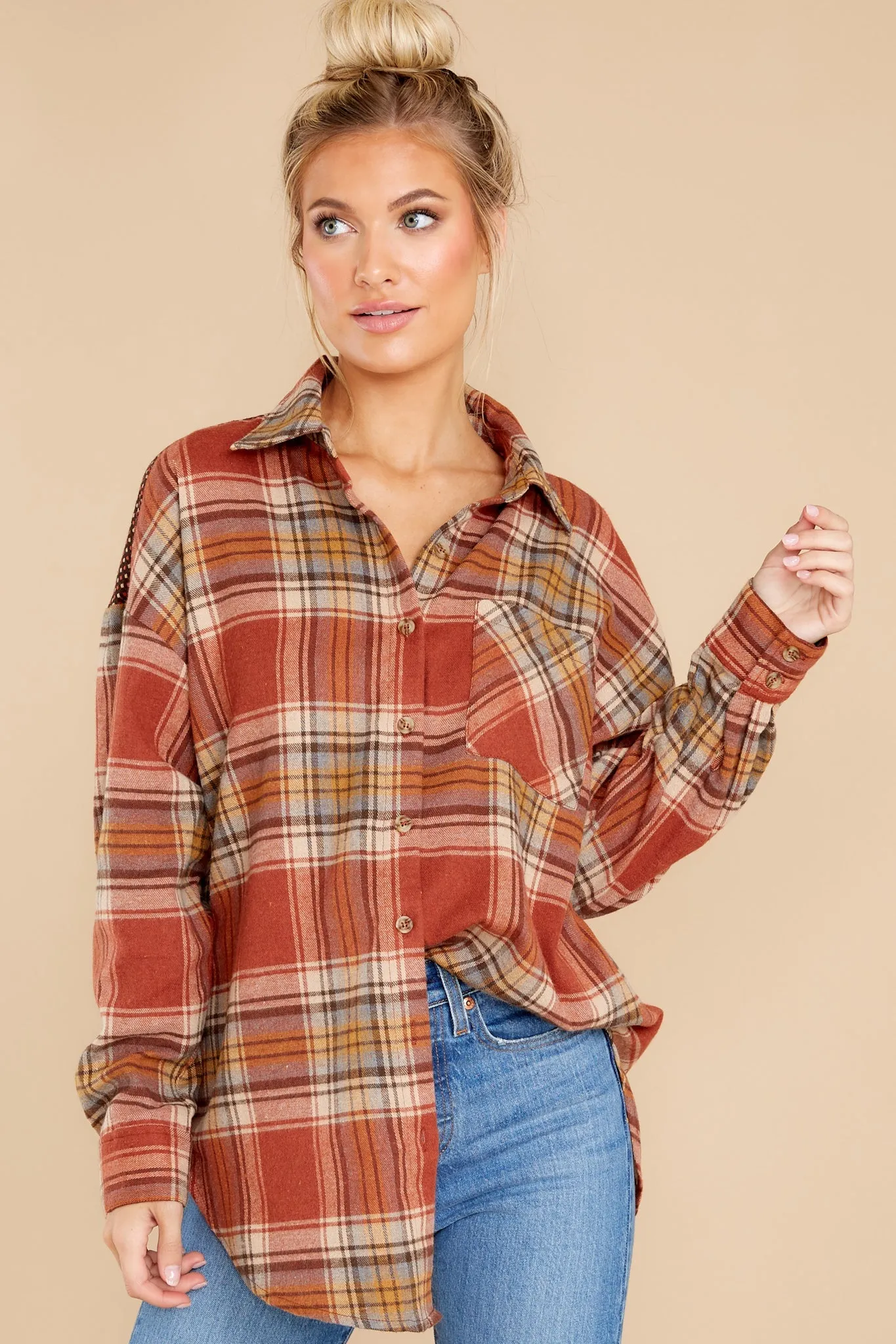 Cheerful Times Rust Multi Plaid Top