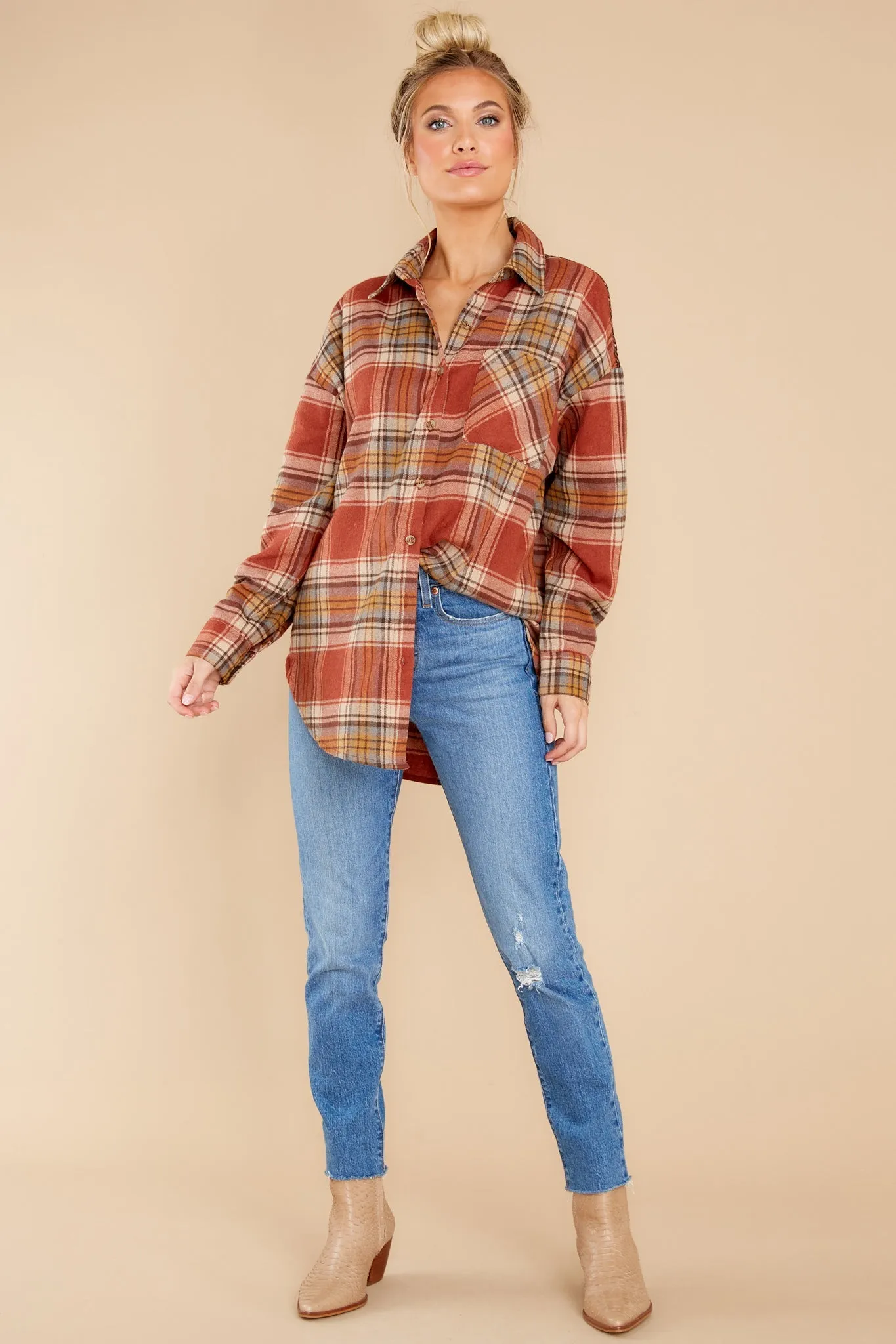 Cheerful Times Rust Multi Plaid Top