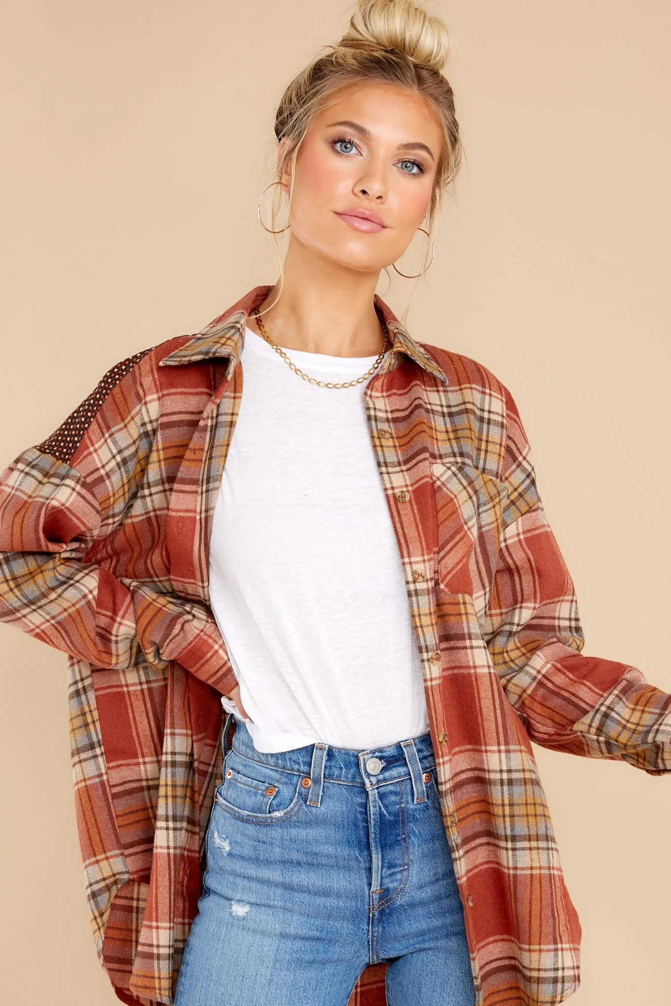 Cheerful Times Rust Multi Plaid Top