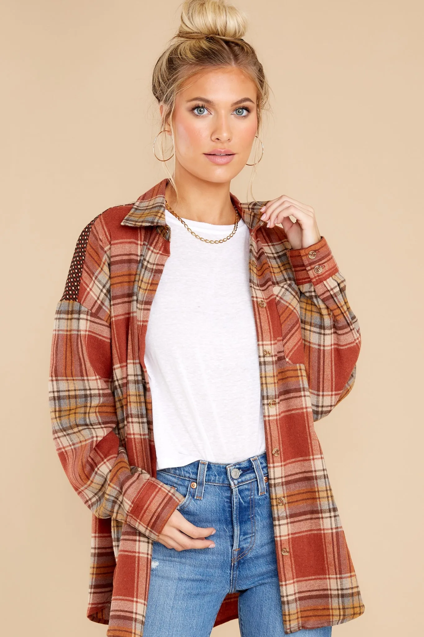 Cheerful Times Rust Multi Plaid Top