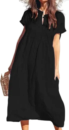 chouyatou Women's Summer Notch V-Neck Midi Long Linen Dress A-Line Loose Casual Tunic Beach Dress