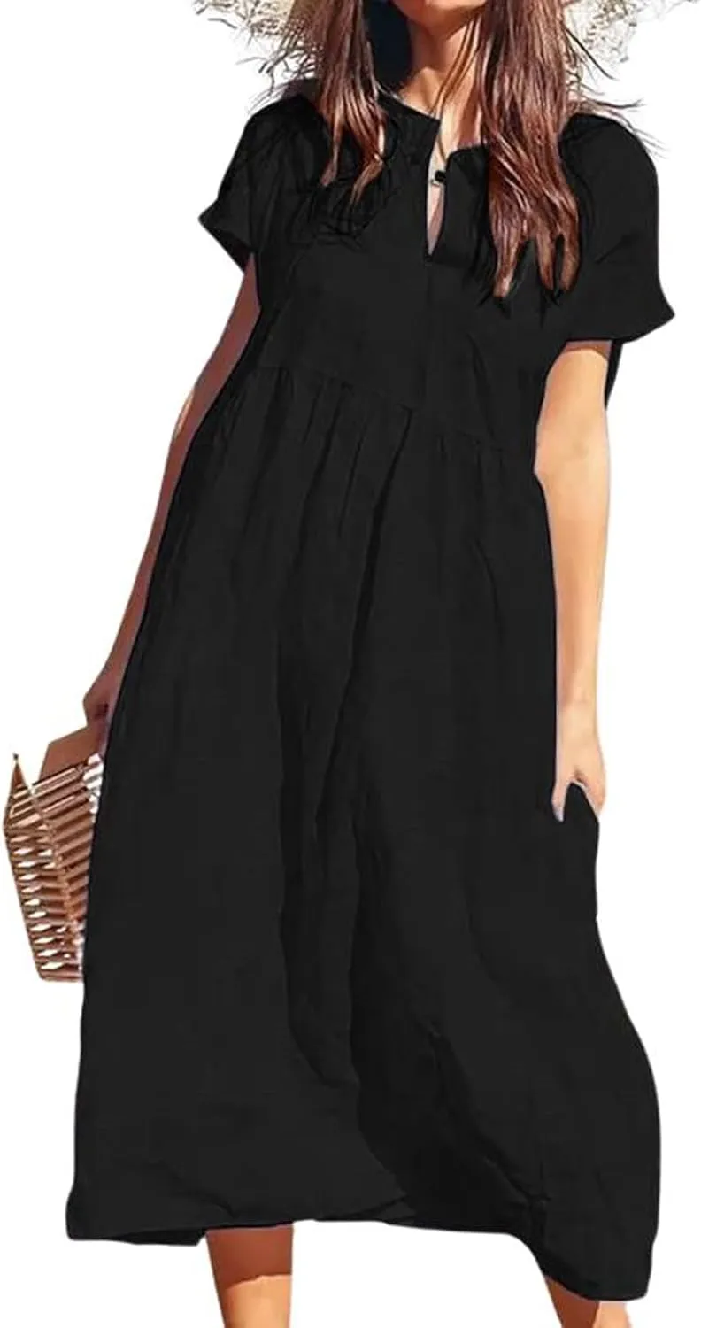 chouyatou Women's Summer Notch V-Neck Midi Long Linen Dress A-Line Loose Casual Tunic Beach Dress