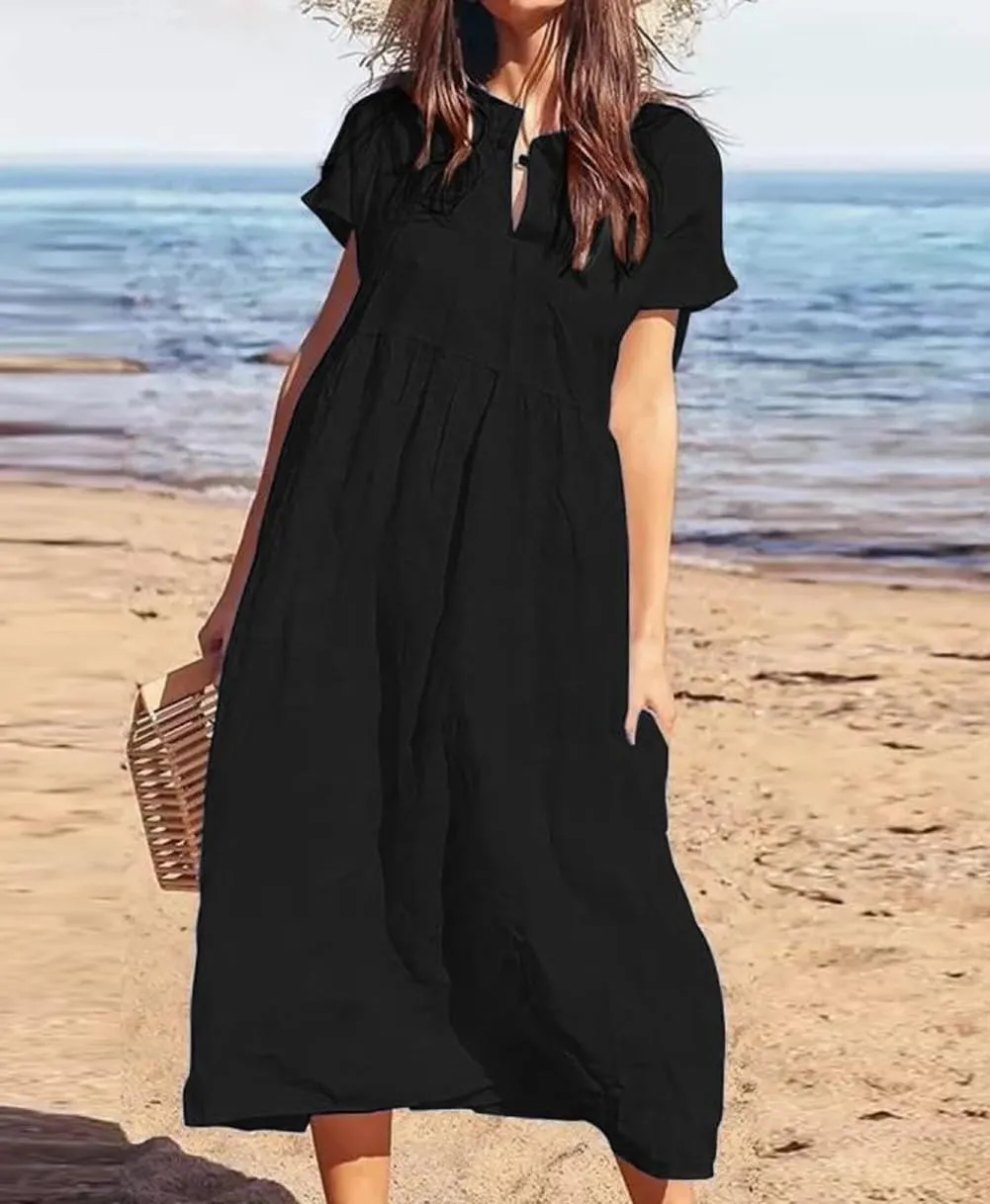 chouyatou Women's Summer Notch V-Neck Midi Long Linen Dress A-Line Loose Casual Tunic Beach Dress