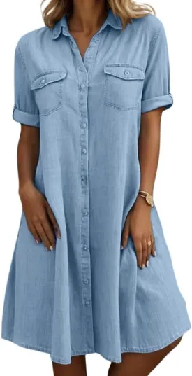 chouyatou Women's Summer Short Sleeve Denim Shirt Dress Business Casual Button Down Midi Long Jean Dress