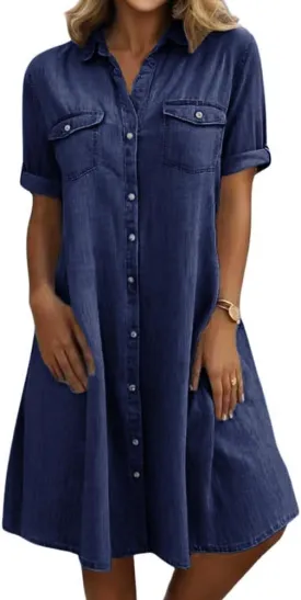 chouyatou Women's Summer Short Sleeve Denim Shirt Dress Business Casual Button Down Midi Long Jean Dress