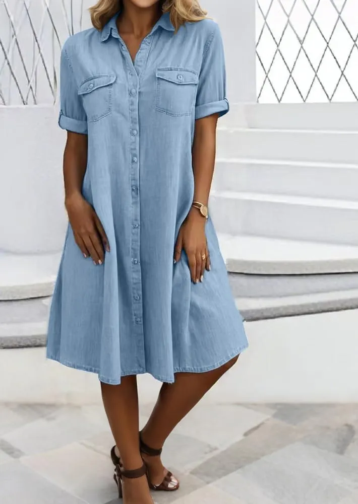 chouyatou Women's Summer Short Sleeve Denim Shirt Dress Business Casual Button Down Midi Long Jean Dress