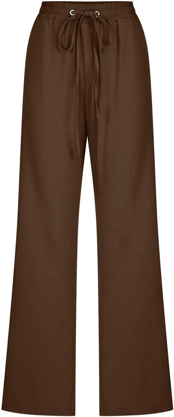 Cotton Linen Pants Women,Casual High Waist Drawstring Lounge Pants Loose Fit Pull on Straight Leg Pant with Pockets