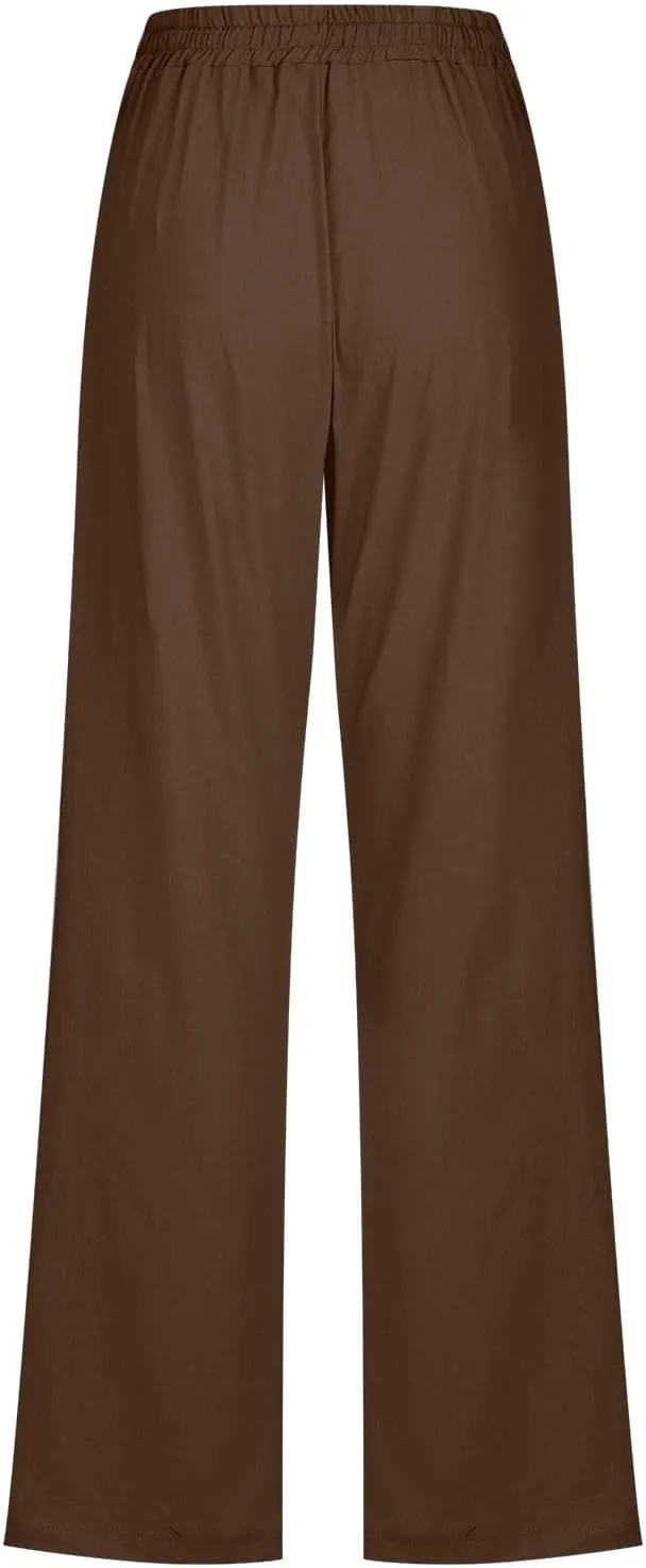 Cotton Linen Pants Women,Casual High Waist Drawstring Lounge Pants Loose Fit Pull on Straight Leg Pant with Pockets