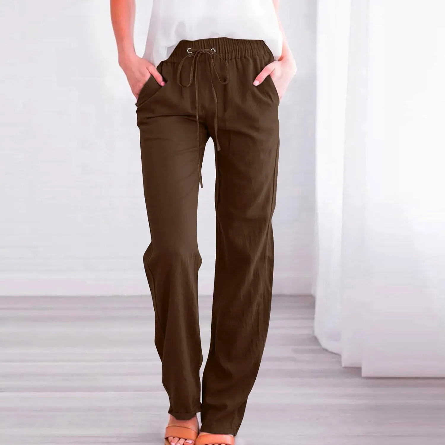 Cotton Linen Pants Women,Casual High Waist Drawstring Lounge Pants Loose Fit Pull on Straight Leg Pant with Pockets