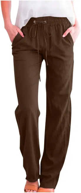 Cotton Linen Pants Women,Casual High Waist Drawstring Lounge Pants Loose Fit Pull on Straight Leg Pant with Pockets
