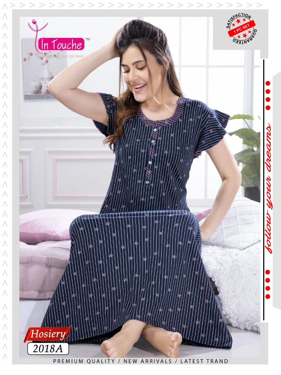 Dark Blue Printed Cotton Maxi Nightdress for Ladies