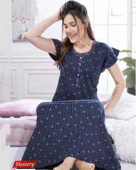 Dark Blue Printed Cotton Maxi Nightdress for Ladies
