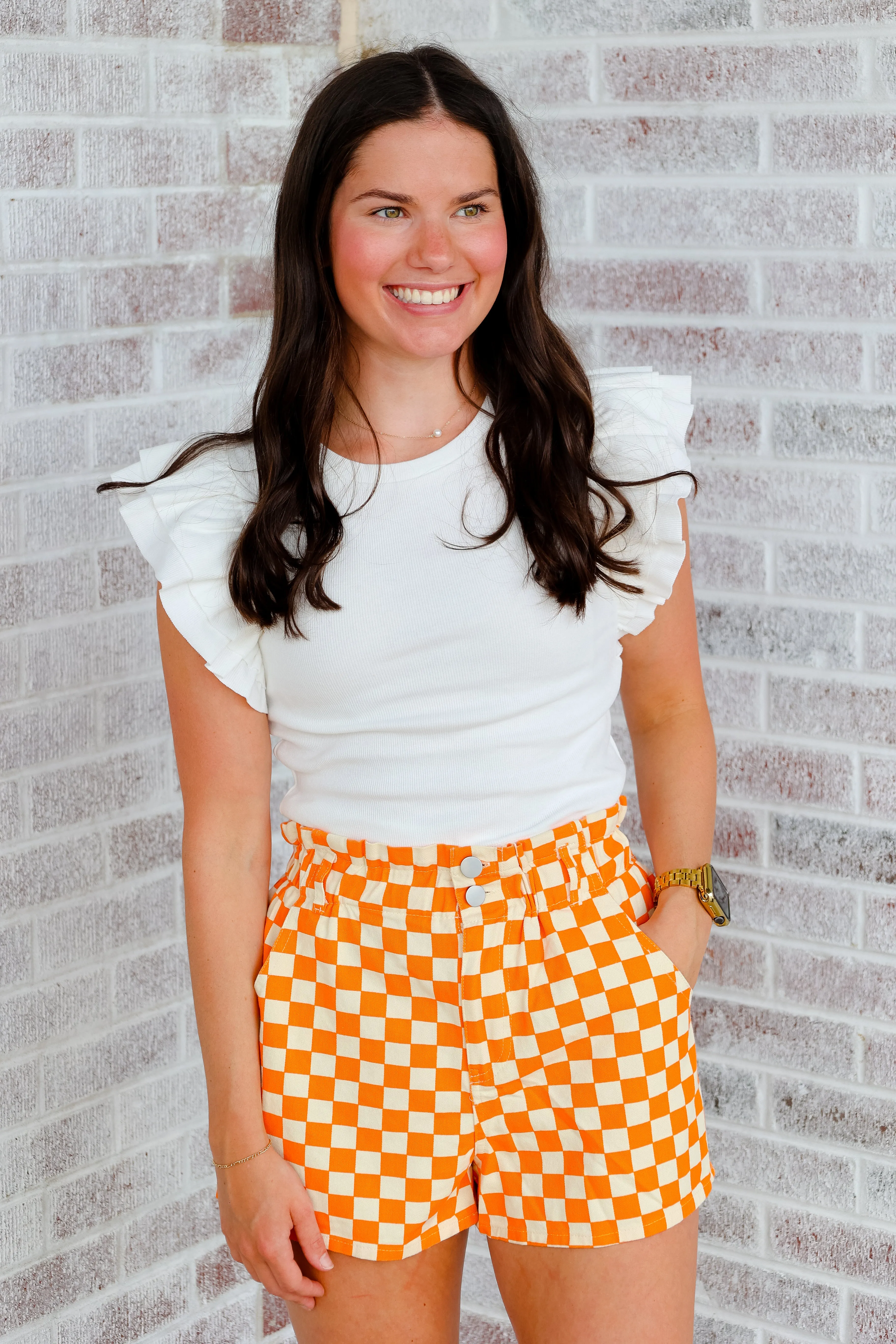Dibs On The Quarterback Checker Print Denim Shorts