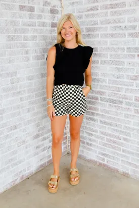 Dibs On The Quarterback Checker Print Denim Shorts
