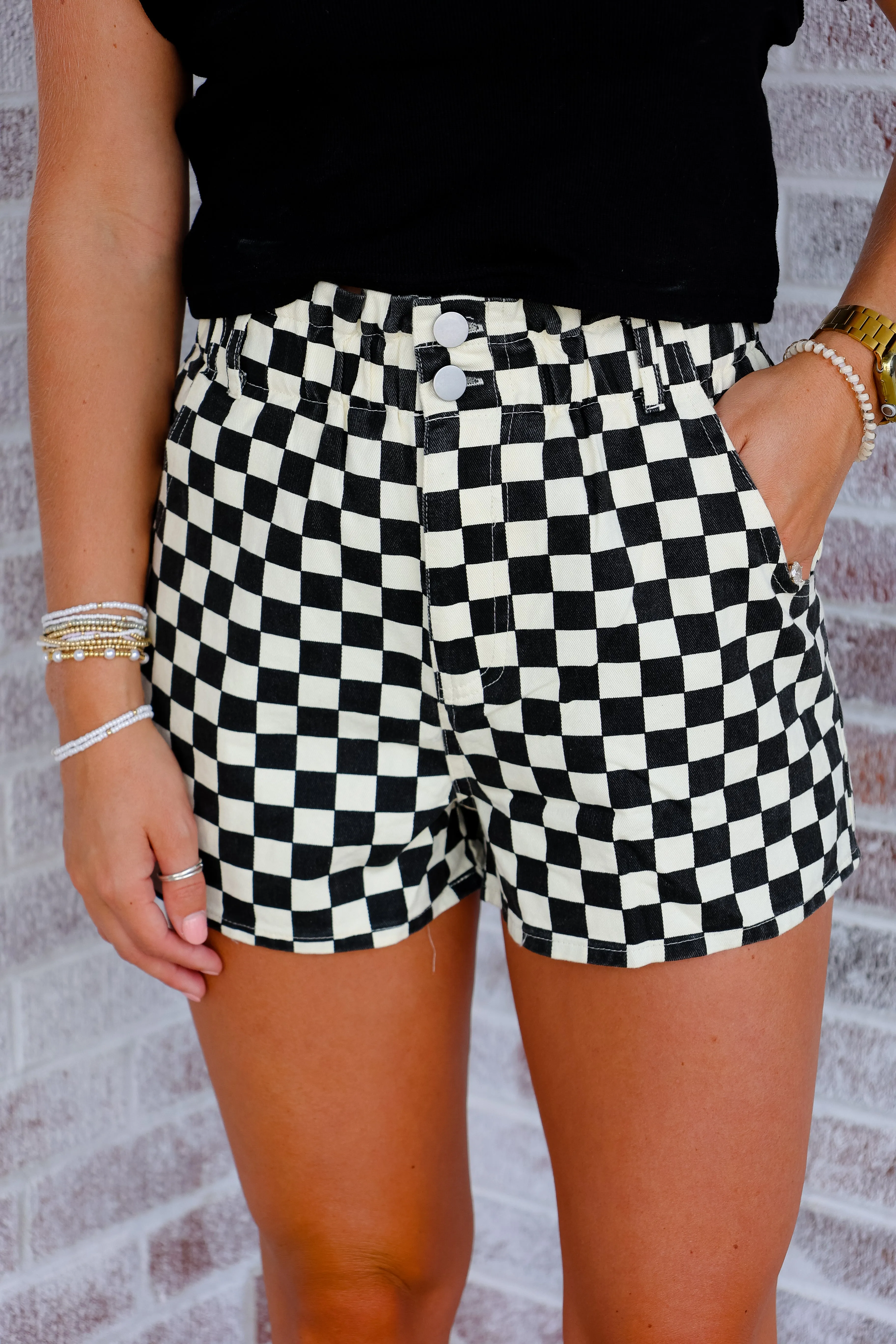 Dibs On The Quarterback Checker Print Denim Shorts