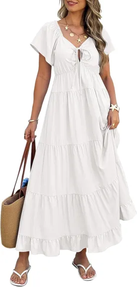ECOWISH Womens Summer Maxi Dress 2025 Flutter Short Sleeve V Neck Tie Front Wedding Guest Vacation Tiered Flowy Dresses