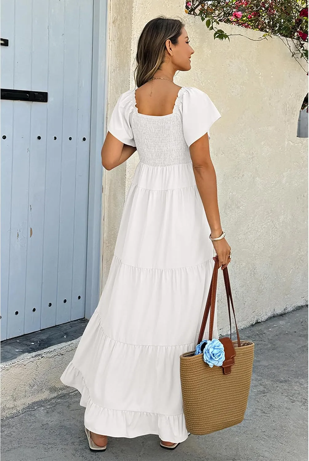 ECOWISH Womens Summer Maxi Dress 2025 Flutter Short Sleeve V Neck Tie Front Wedding Guest Vacation Tiered Flowy Dresses