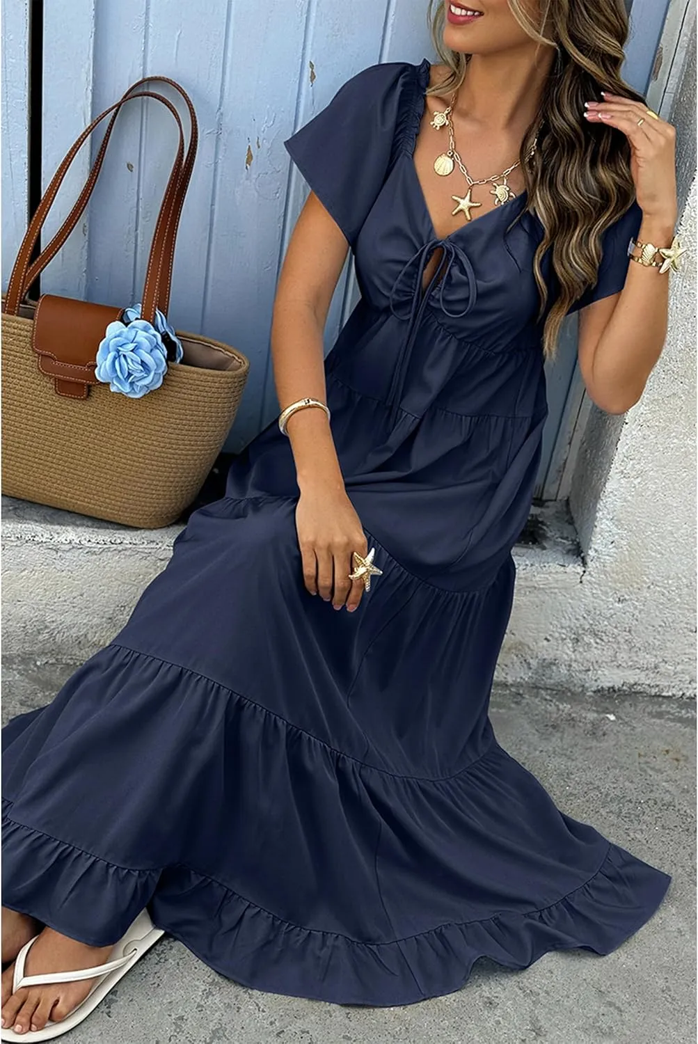 ECOWISH Womens Summer Maxi Dress 2025 Flutter Short Sleeve V Neck Tie Front Wedding Guest Vacation Tiered Flowy Dresses