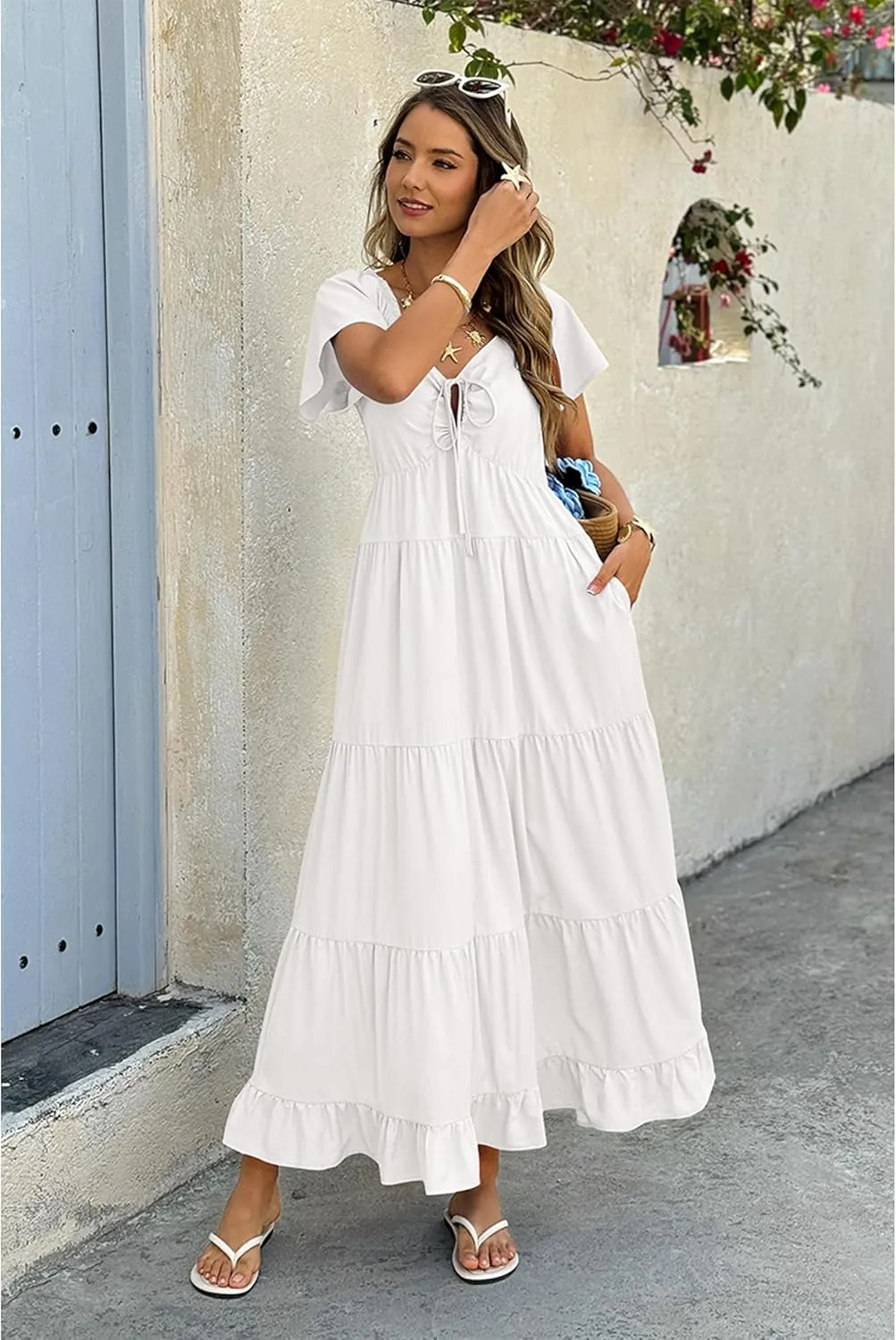 ECOWISH Womens Summer Maxi Dress 2025 Flutter Short Sleeve V Neck Tie Front Wedding Guest Vacation Tiered Flowy Dresses