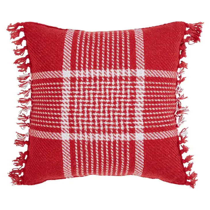 Eston Red White Plaid Pillow Fringed 12x12
