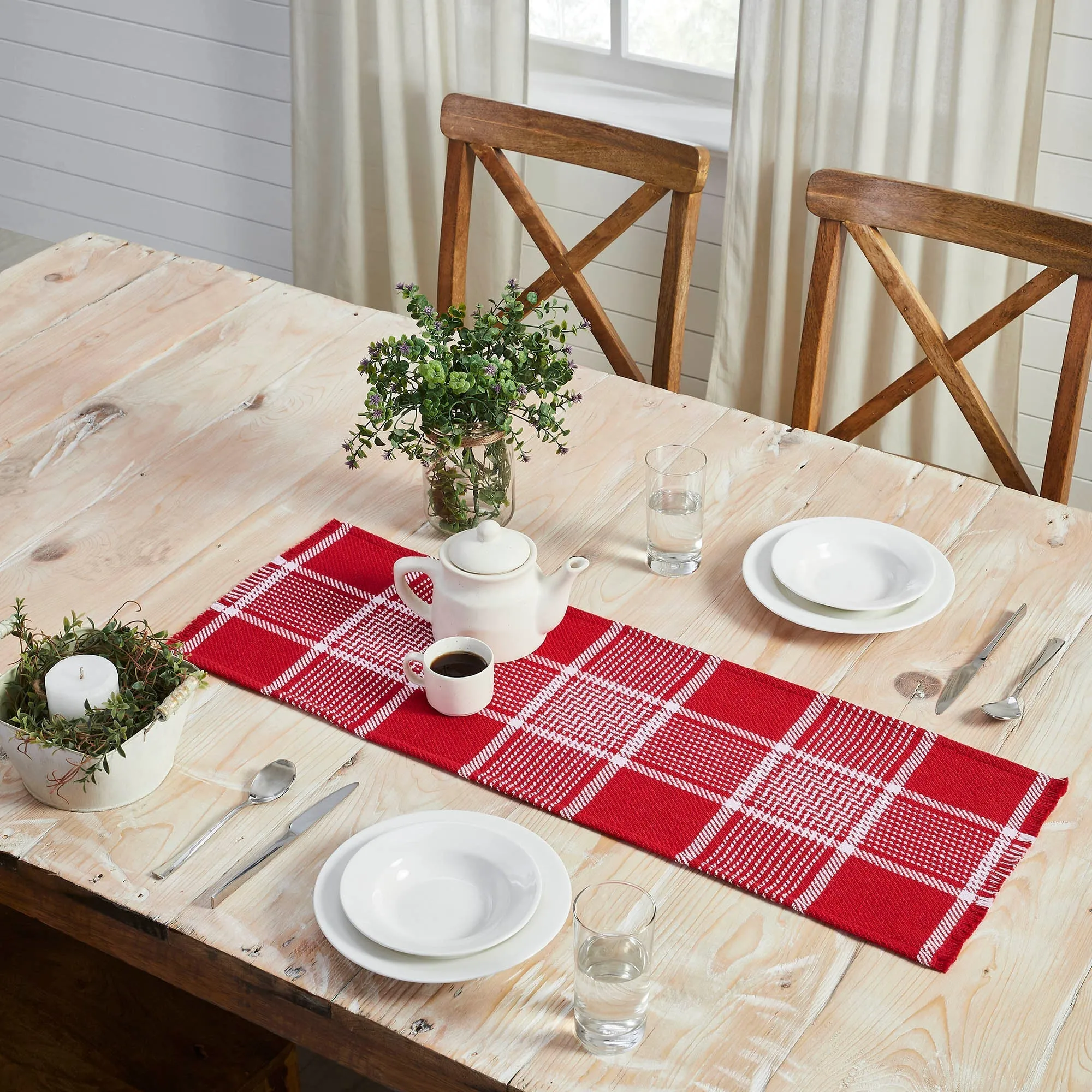 Eston Red White Plaid Runner Fringed