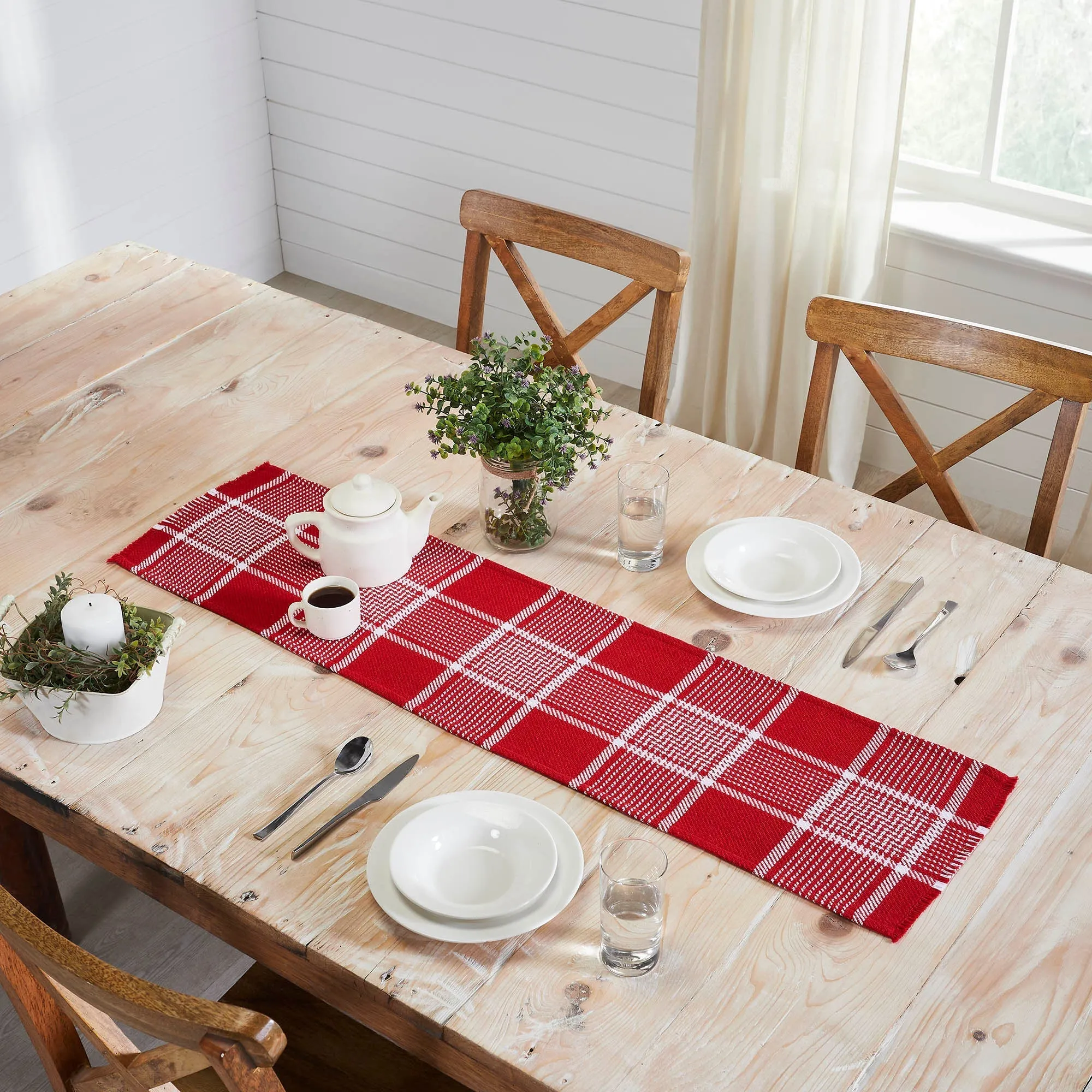 Eston Red White Plaid Runner Fringed