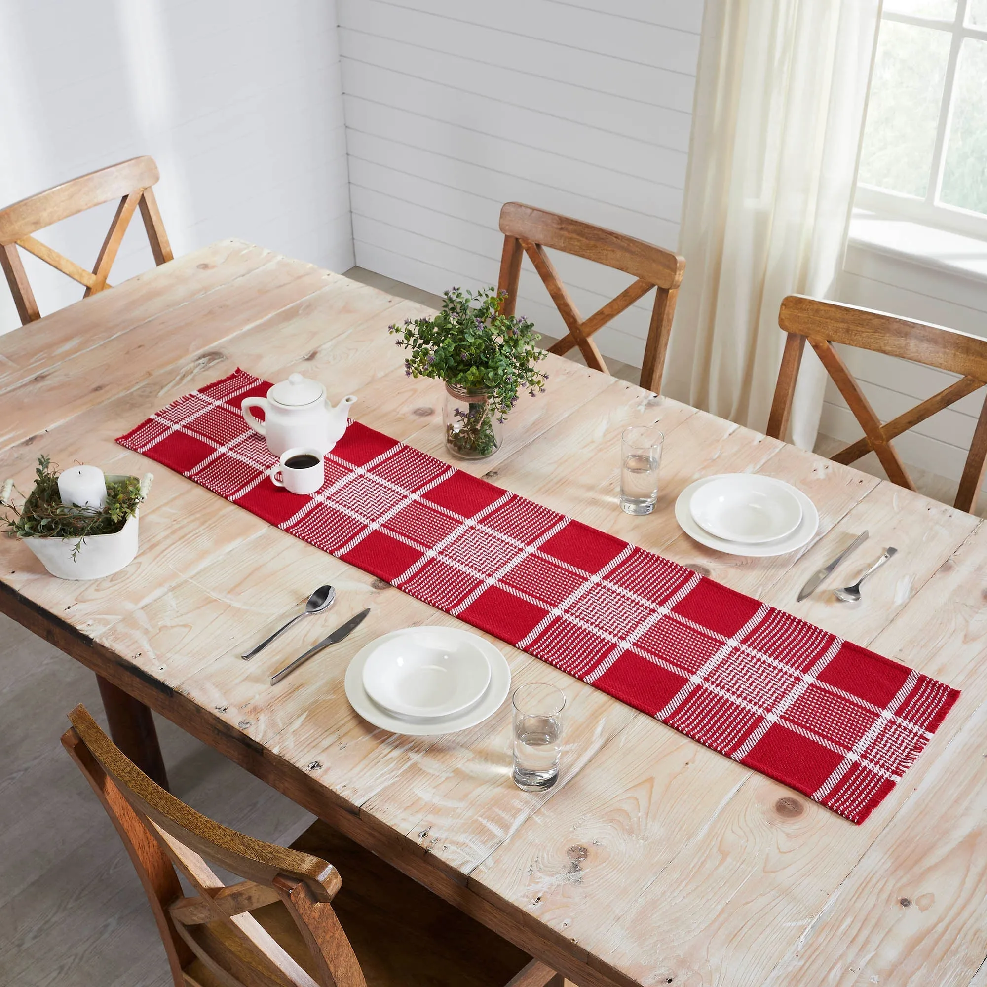 Eston Red White Plaid Runner Fringed