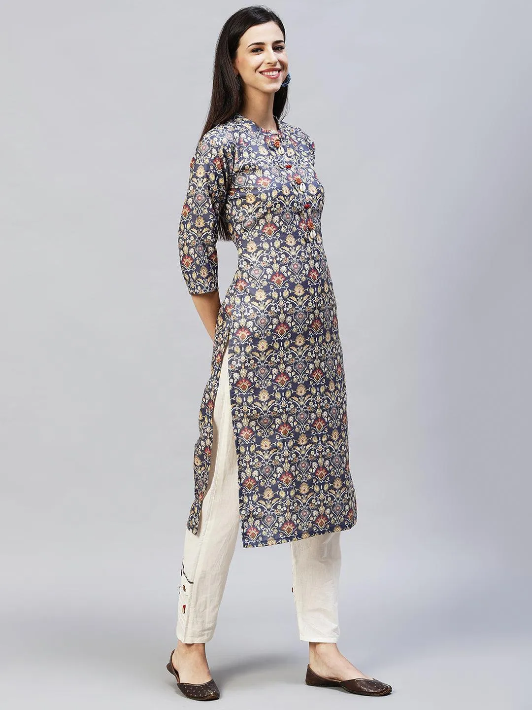 Ethnic Printed Straight Fit Kurta with Pants – Dark Gray